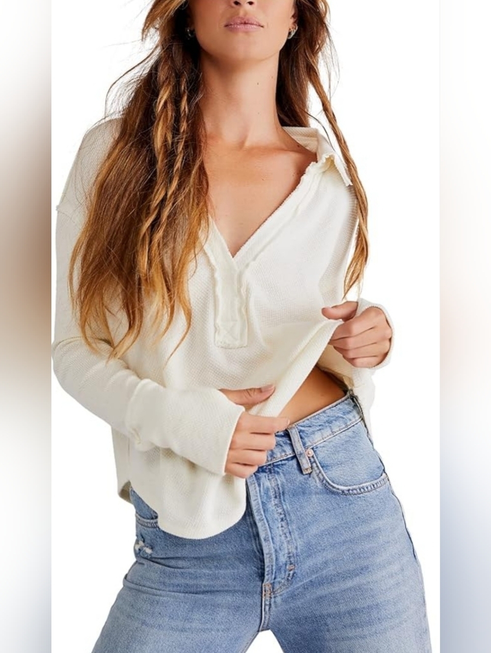 We The Free White Waffle Knit V-Neck Long Sleeve Tope -Size Small